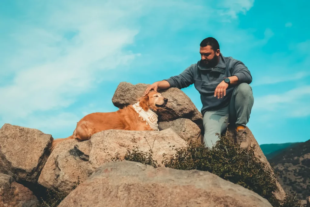 A man crouches on a rocky hillside and pets a Golden Retriever resting on the boulders beneath a bright blue sky.