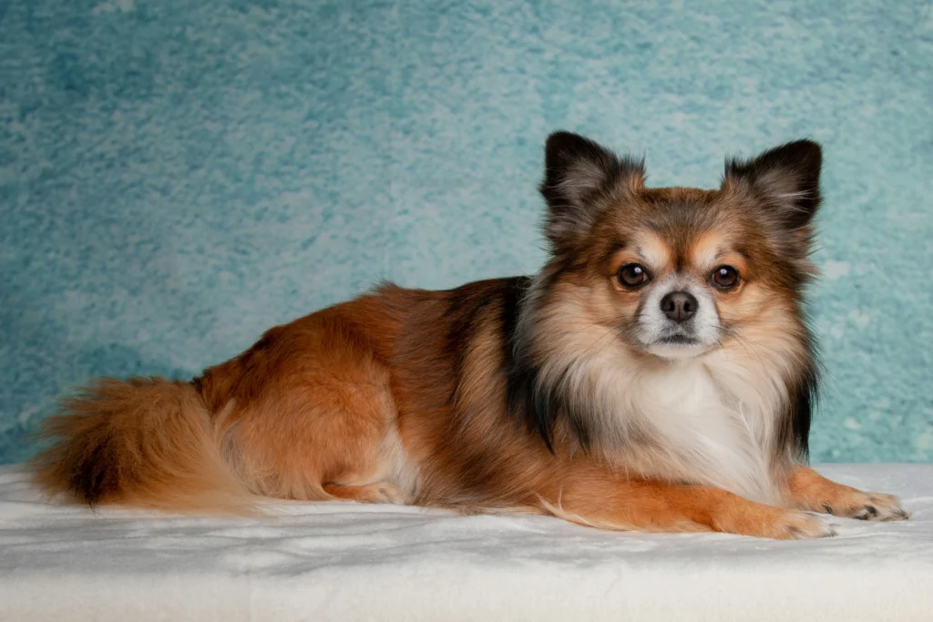 A long-haired, brown and white dog lies down on a white surface against a textured blue background.