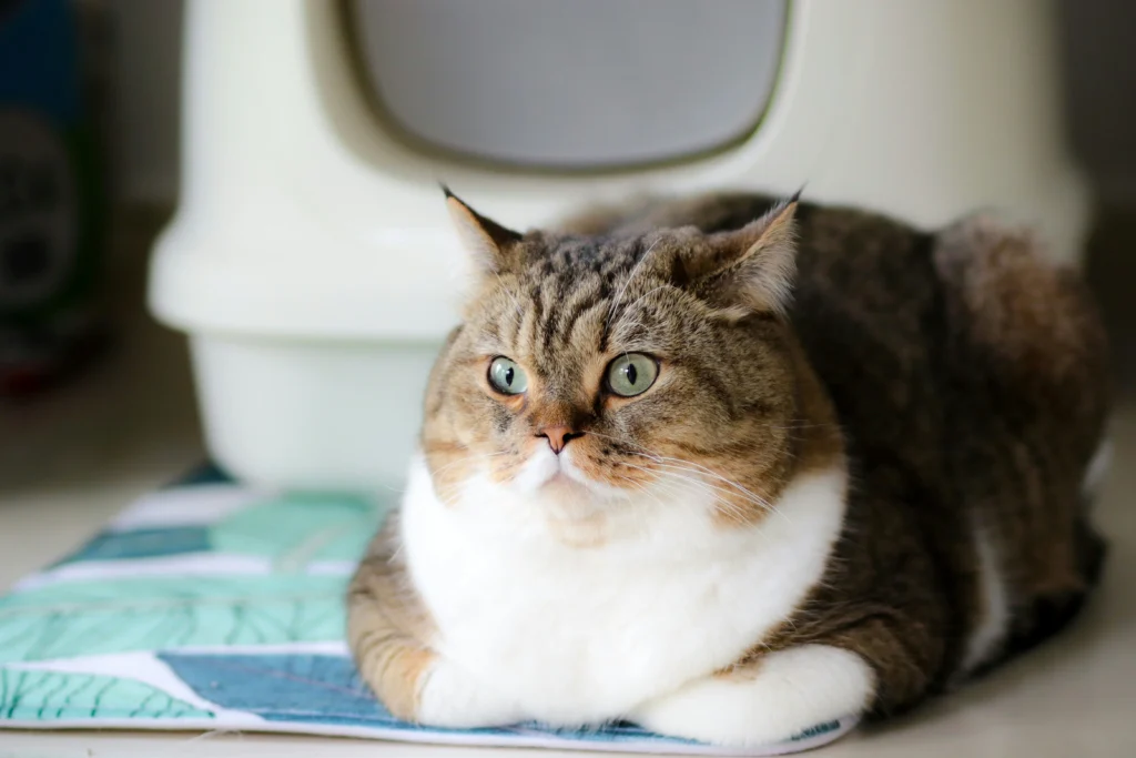 A chubby tabby cat rests in a loaf position on a patterned mat.